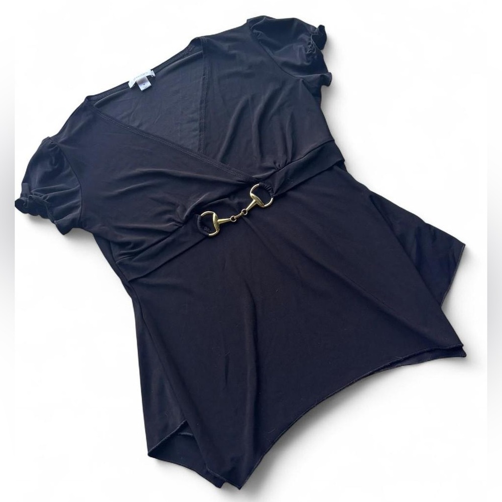 ✨DRESSBARN BLACK TOP GOLD CHAIN FLAIR HEM PRINCESS SLEEVE✨ - Picture 2 of 4